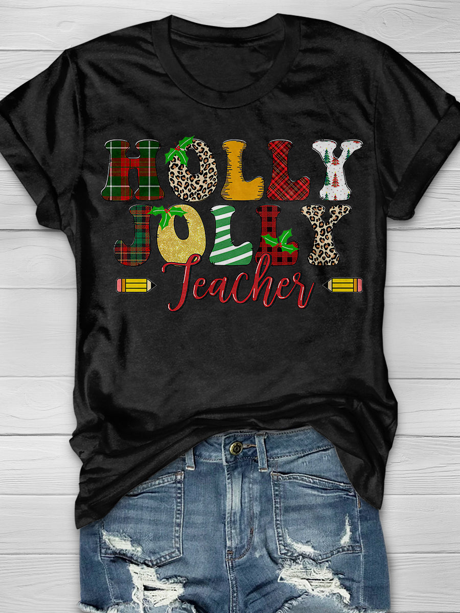 Holly Jolly Teacher Christmas Print Graphic T-shirts