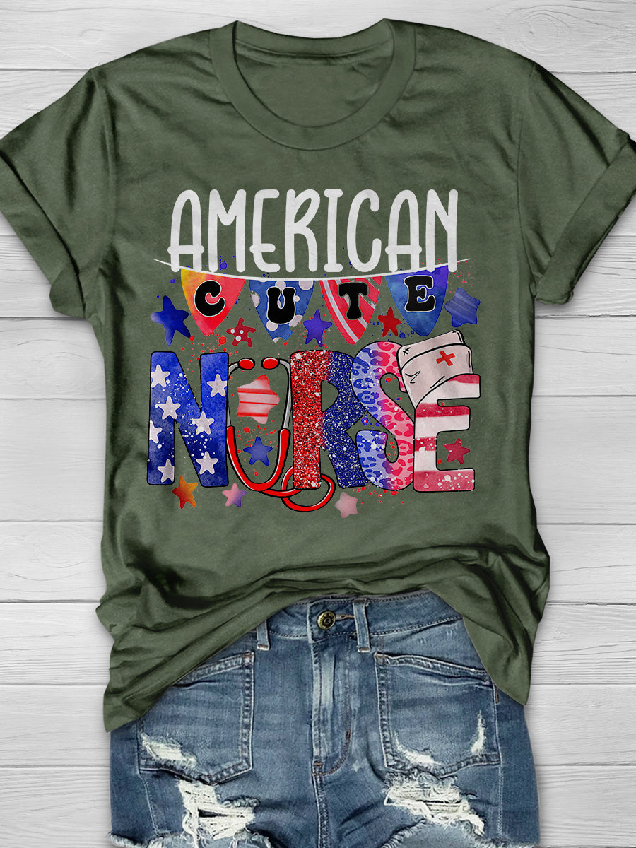 American Cute Nurse Print Short Sleeve T-shirt