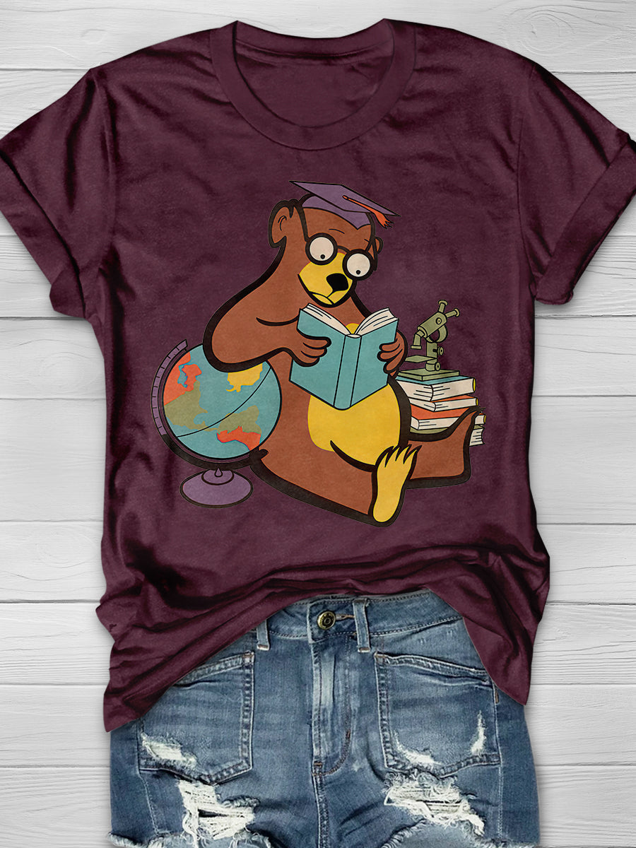 Scholarly Bear Reading Print Graphic T-shirts