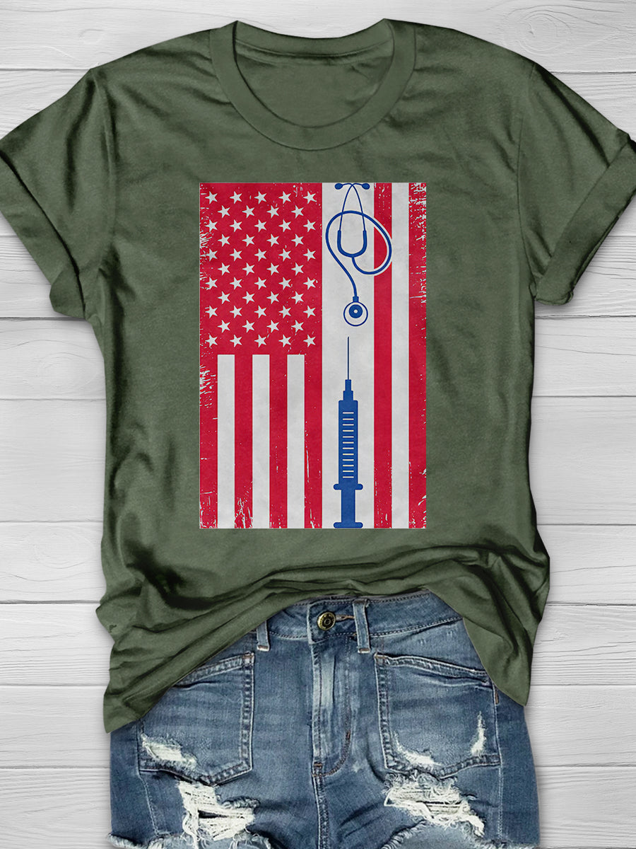 American Flag Vintage Nurse Print Short Sleeve T-shirt