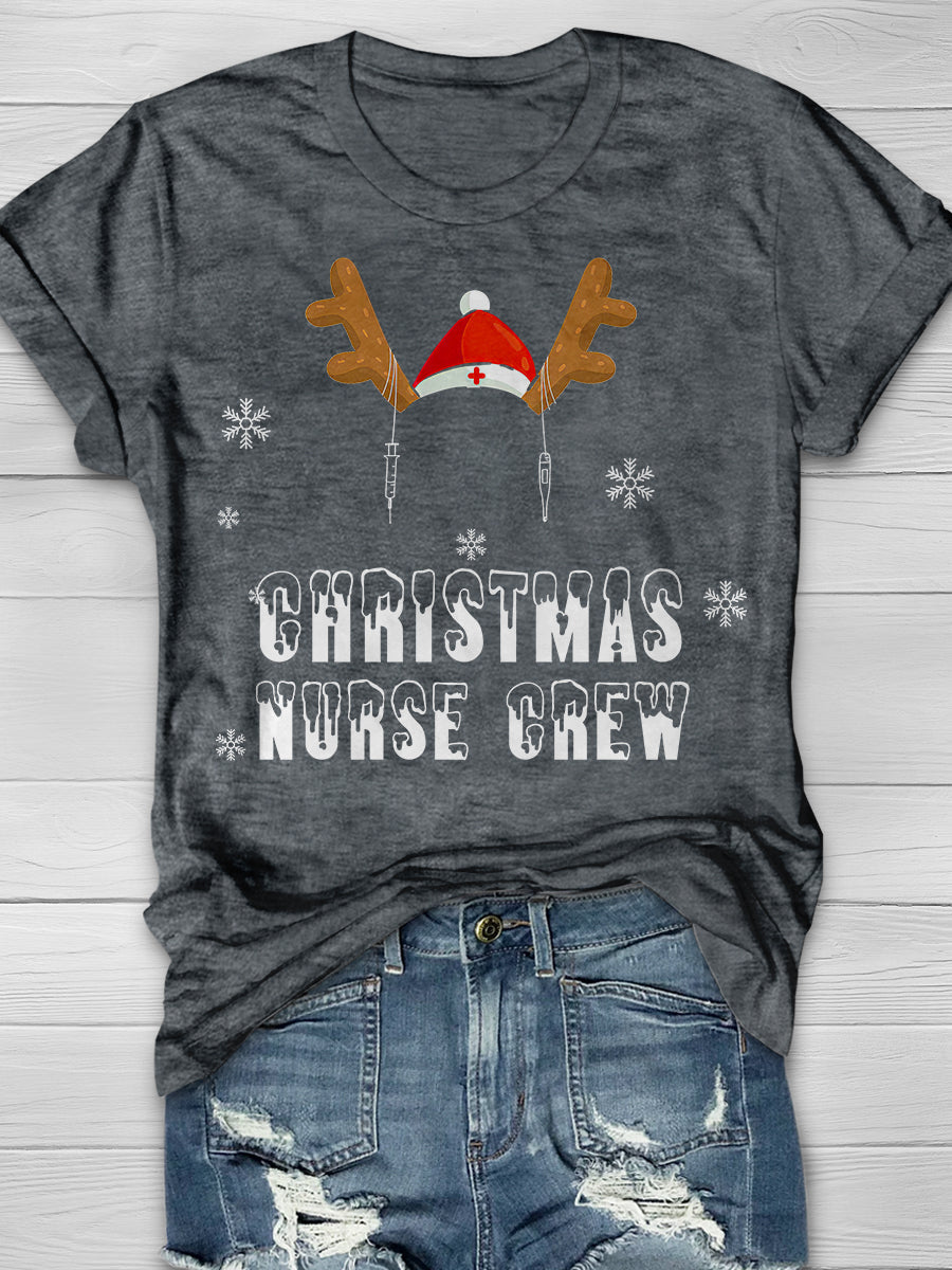 Christmas Nurse Crew Reindeer Print Short Sleeve T-shirt