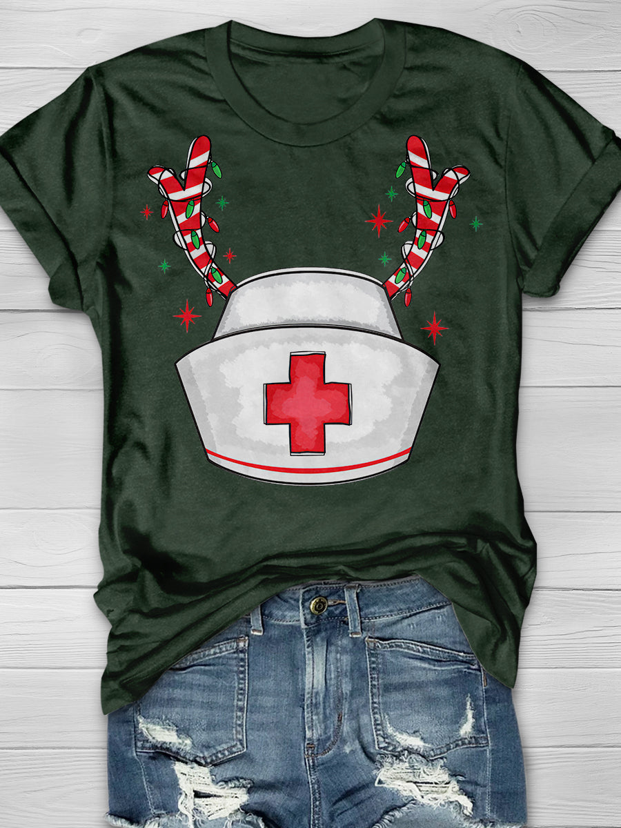 Christmas Nurse Hat Reindeer Print Short Sleeve T-shirt