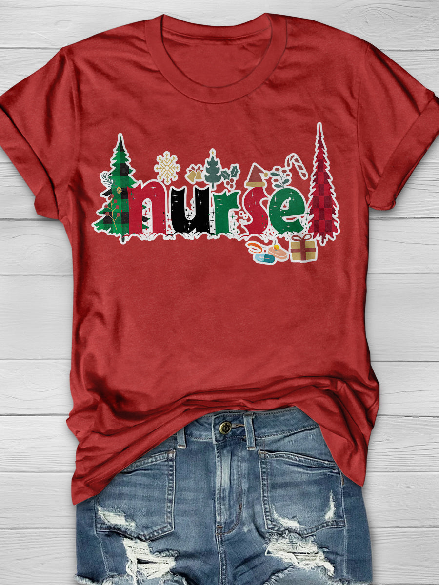 Christmas Nurse Print Short Sleeve T-shirt