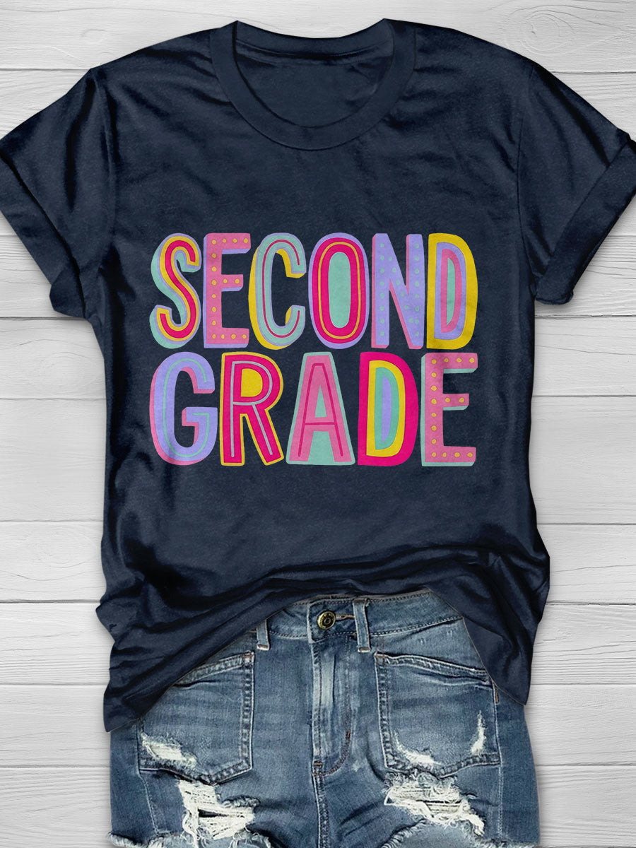 Second Grade Rainbow Print Short Sleeve T-shirt