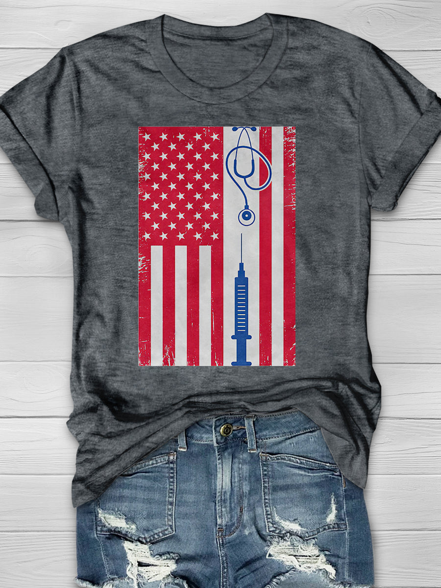 American Flag Vintage Nurse Print Short Sleeve T-shirt