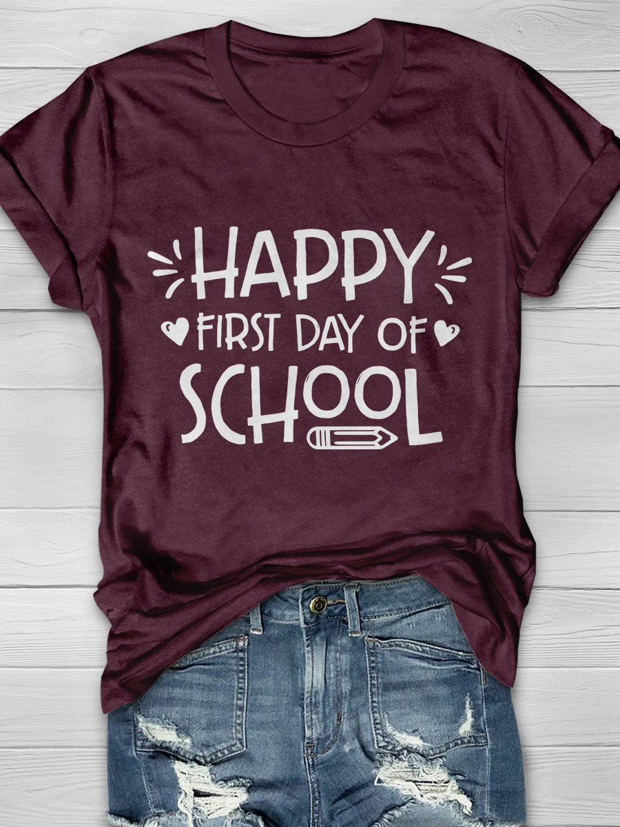 Happy First Day of School Print Short Sleeve T-shirt