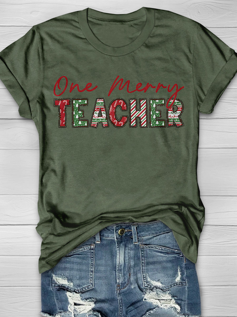 Retro One Merry Teacher Print Graphic T-shirts