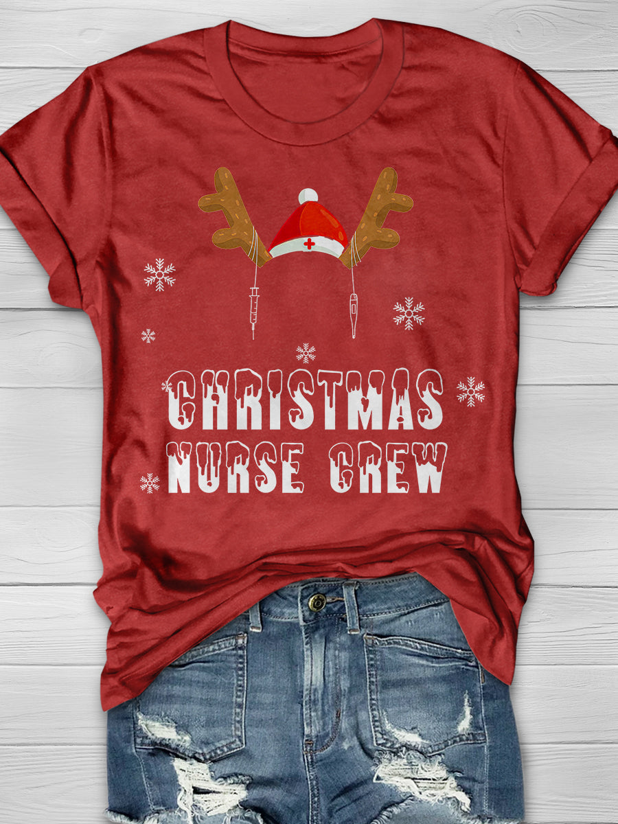 Christmas Nurse Crew Reindeer Print Short Sleeve T-shirt