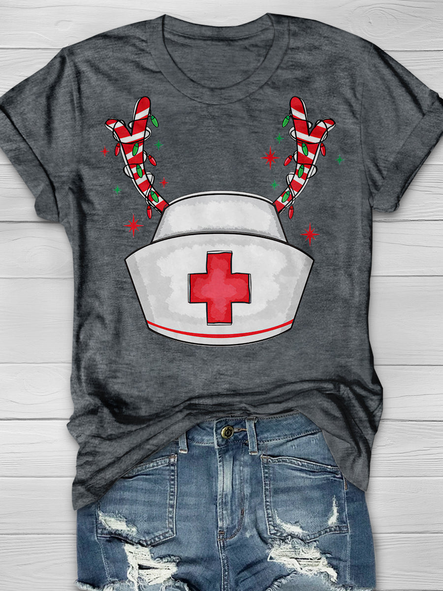 Christmas Nurse Hat Reindeer Print Short Sleeve T-shirt