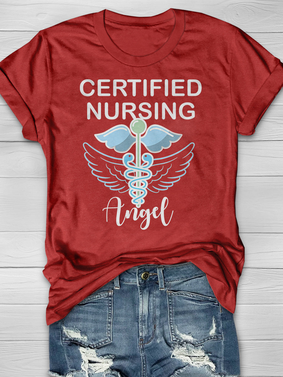 Certified Nursing Angel Print Short Sleeve T-shirt