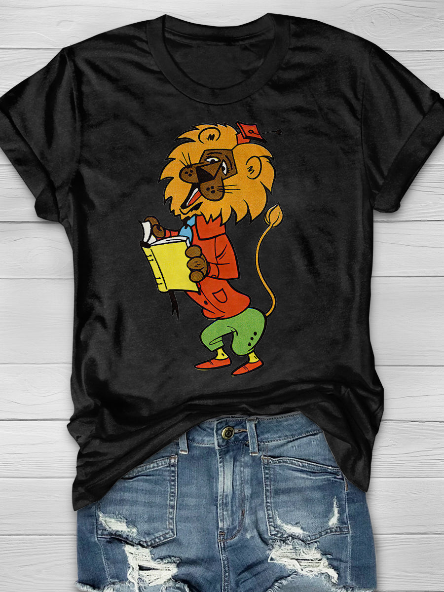 Lion Reading a Book Print Graphic T-shirts