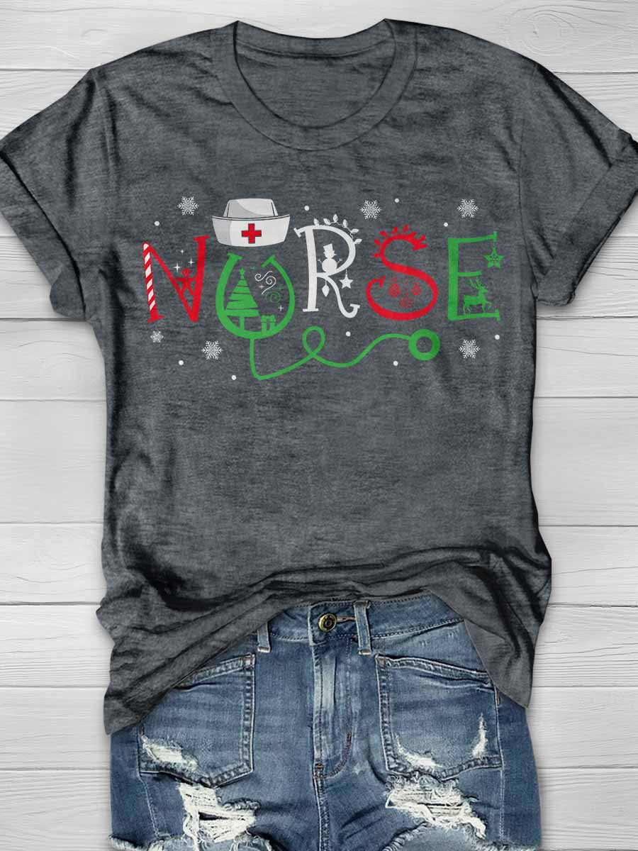Christmas Nurse Print Short Sleeve T-shirt
