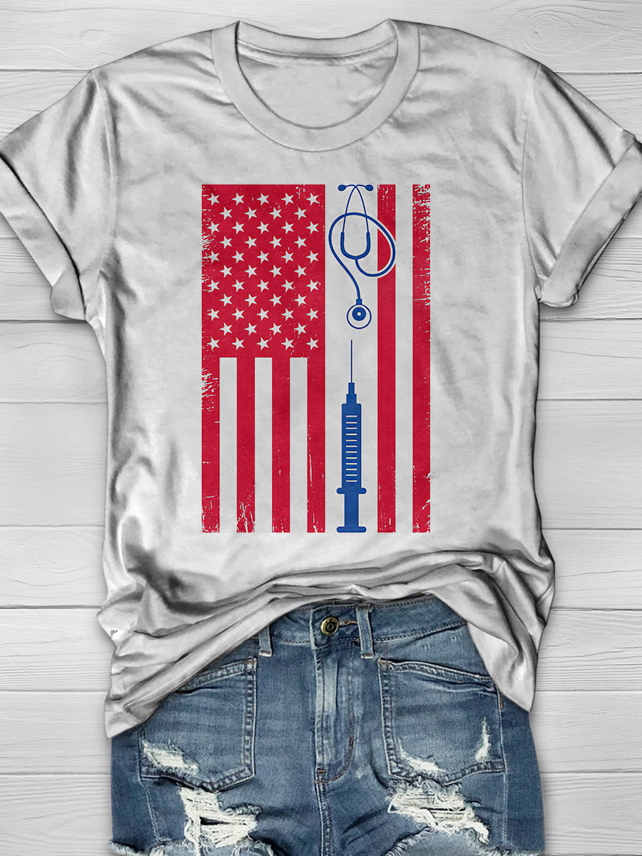 American Flag Vintage Nurse Print Short Sleeve T-shirt