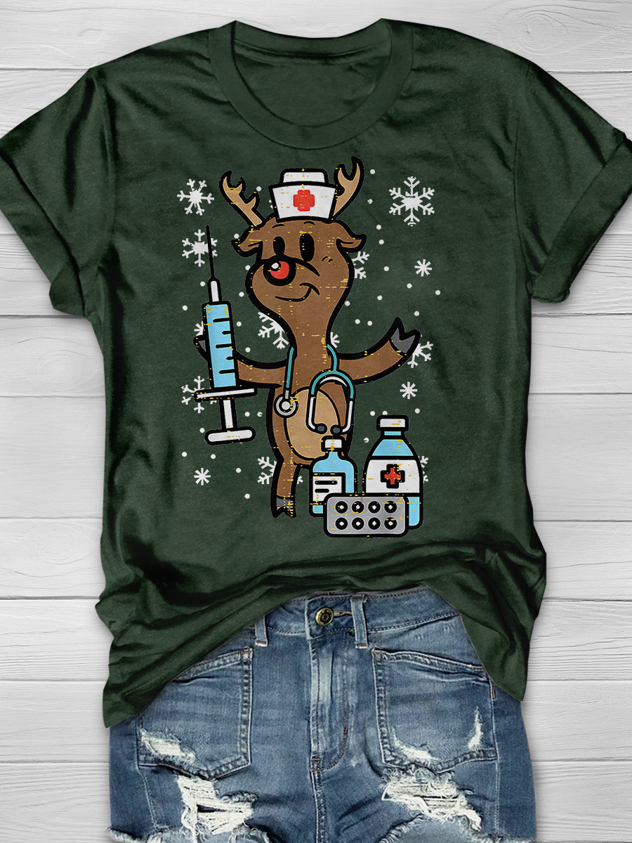 Christmas Nurse Reindeer Funny Print Short Sleeve T-shirt
