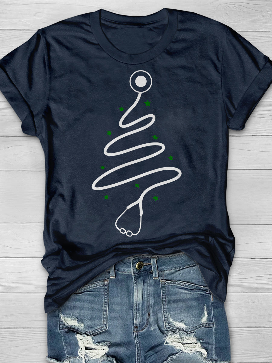 Christmas Stethoscope Tree Print Short Sleeve T-shirt