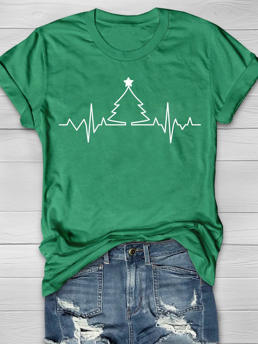 Christmas Tree Heart Ryhthem Print Short Sleeve T-shirt