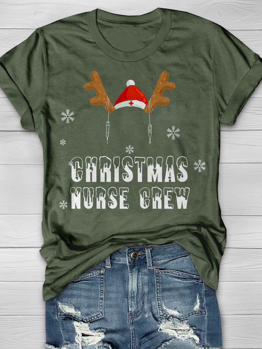 Christmas Nurse Crew Reindeer Print Short Sleeve T-shirt