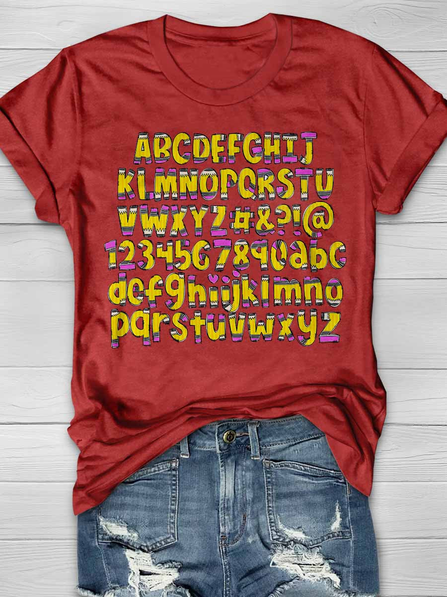 Pencil Letters Numbers Print Graphic T-shirts