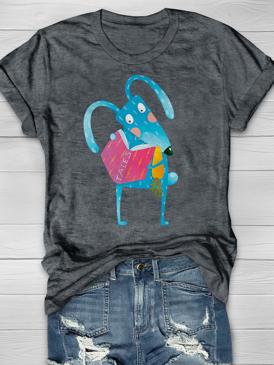 Cartoon Blue Bunny Reading Book Eating Print Graphic T-shirts
