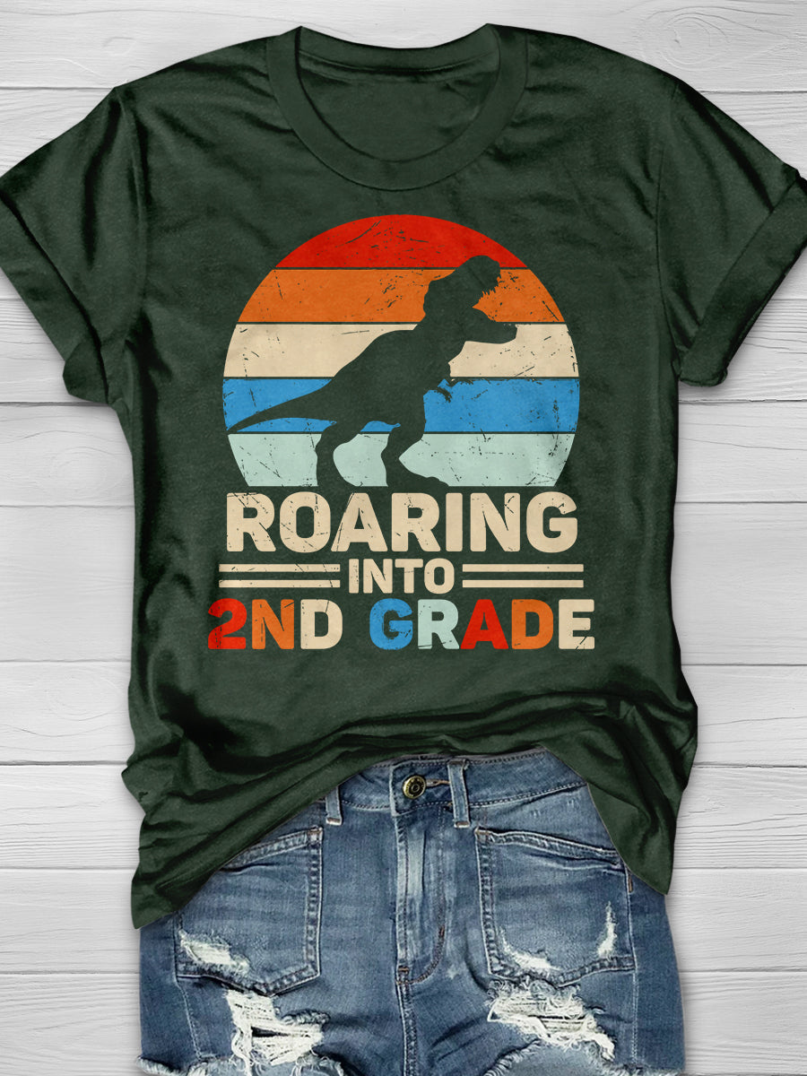 Roaring Into 2nd Grade Dinosaur Retro Sunset Print Graphic T-shirts