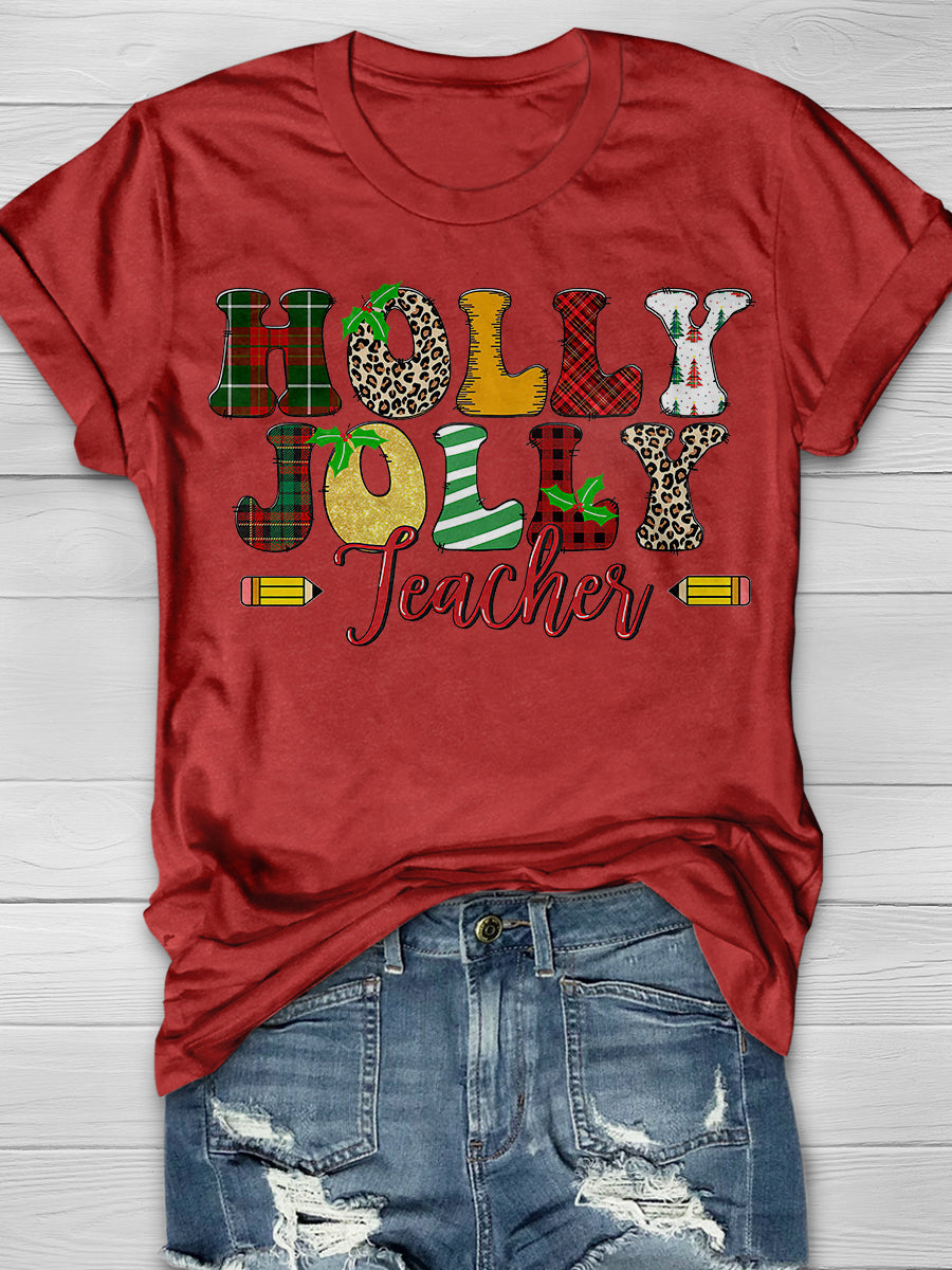 Holly Jolly Teacher Christmas Print Graphic T-shirts