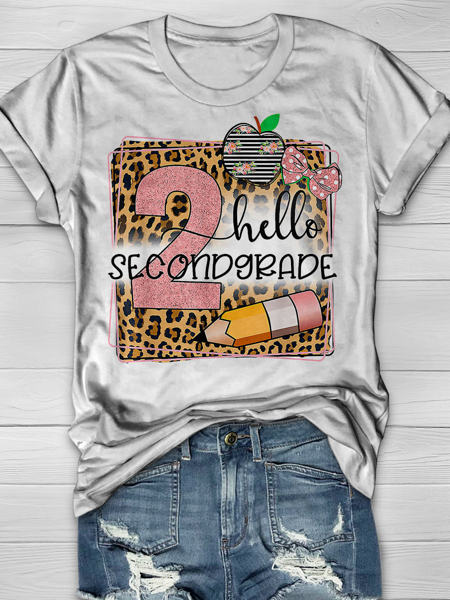 Hello Second Grade Leopard Print Graphic T-shirts