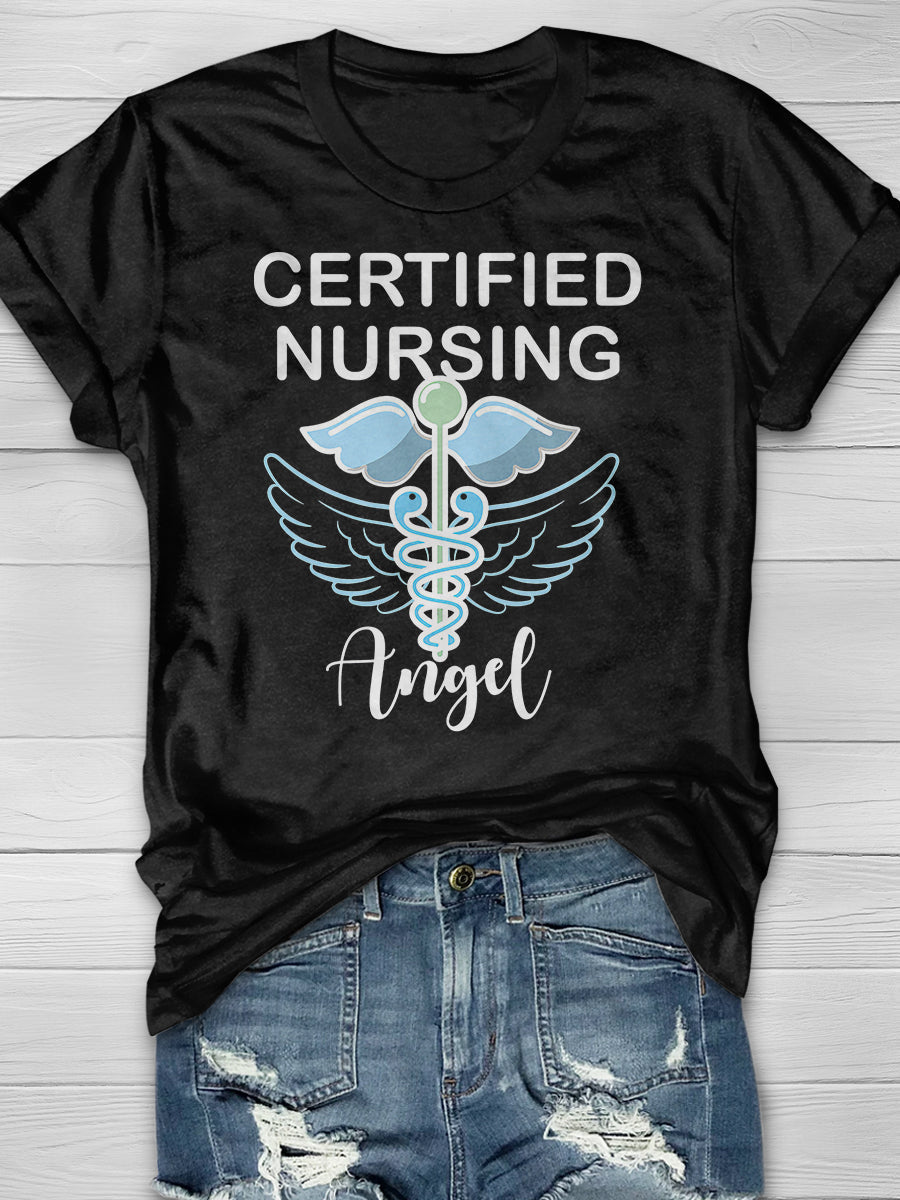 Certified Nursing Angel Print Short Sleeve T-shirt