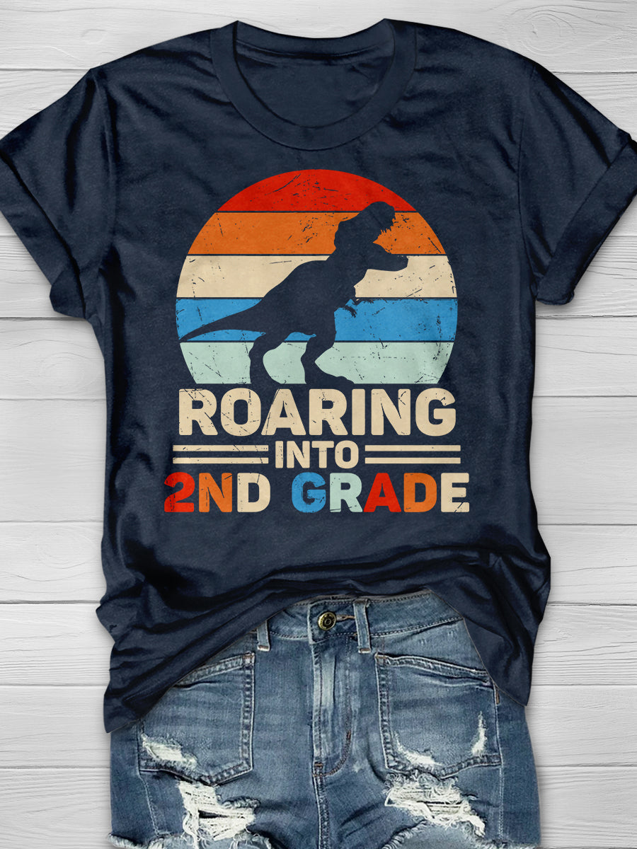 Roaring Into 2nd Grade Dinosaur Retro Sunset Print Graphic T-shirts