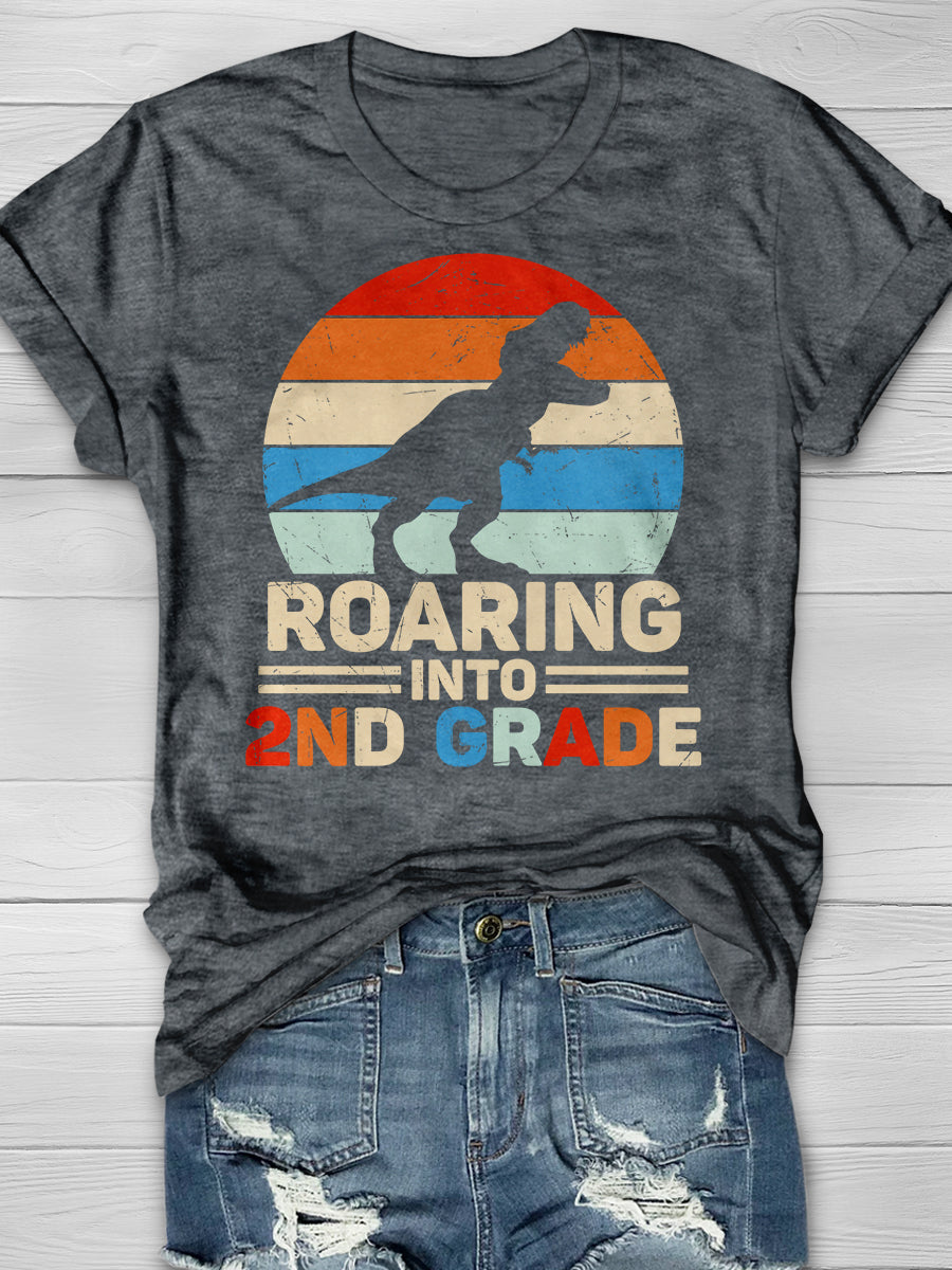 Roaring Into 2nd Grade Dinosaur Retro Sunset Print Graphic T-shirts