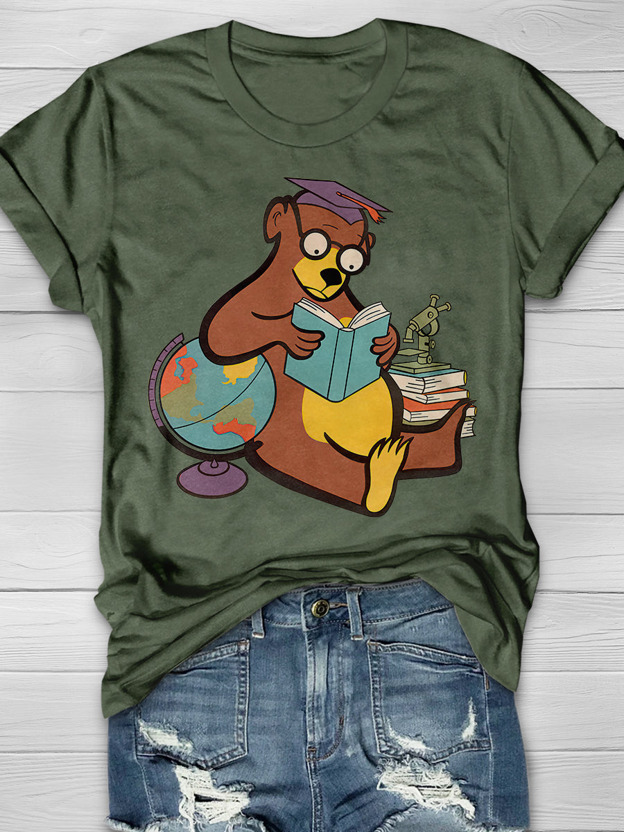 Scholarly Bear Reading Print Graphic T-shirts