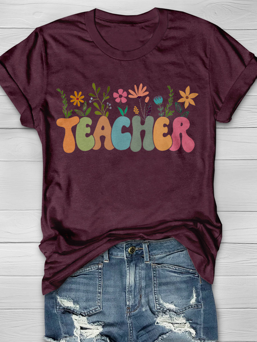 Flower Teacher Print Graphic T-shirts