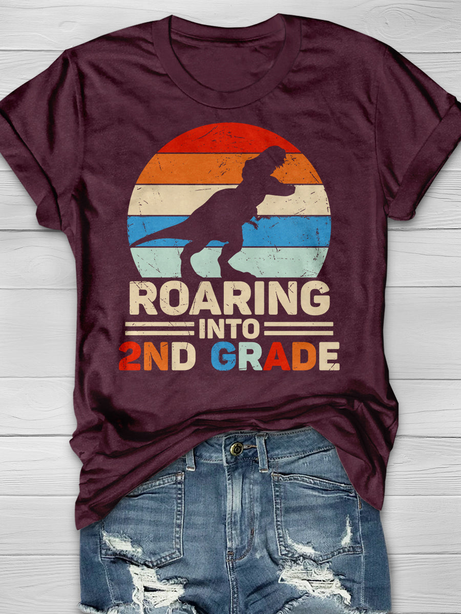 Roaring Into 2nd Grade Dinosaur Retro Sunset Print Graphic T-shirts