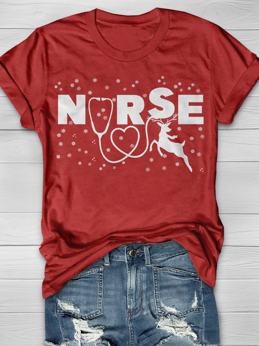Christmas Reindeer Nurse Print Short Sleeve T-shirt