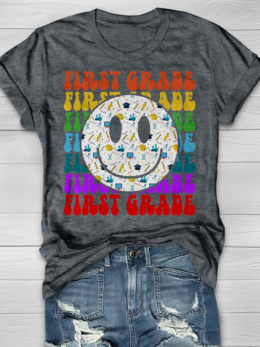 First Grade Happy Face Teacher Print Graphic T-shirts