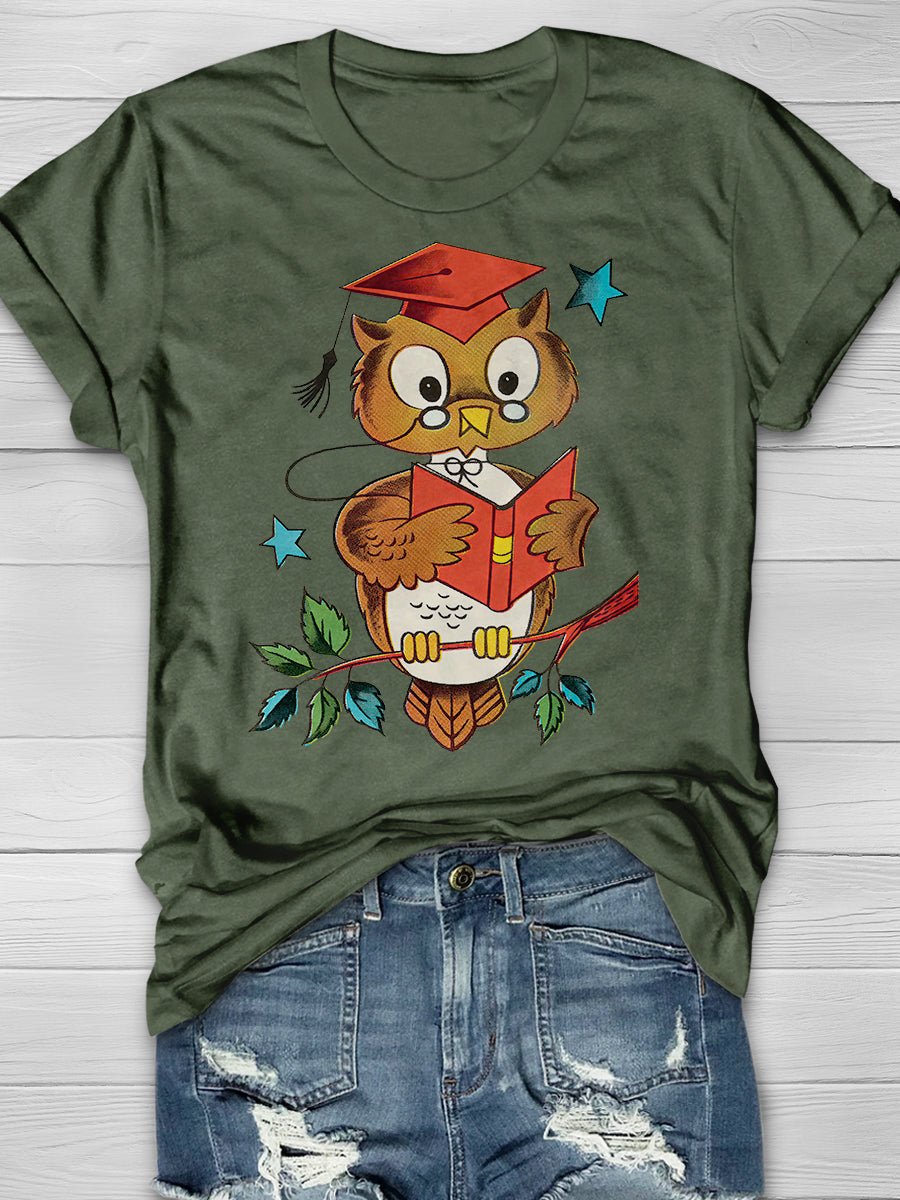 Wise Owl Print Graphic T-shirts
