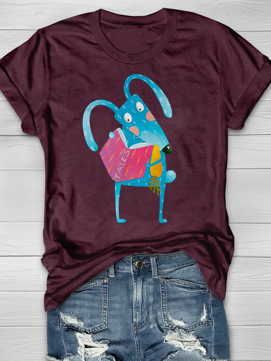 Cartoon Blue Bunny Reading Book Eating Print Graphic T-shirts