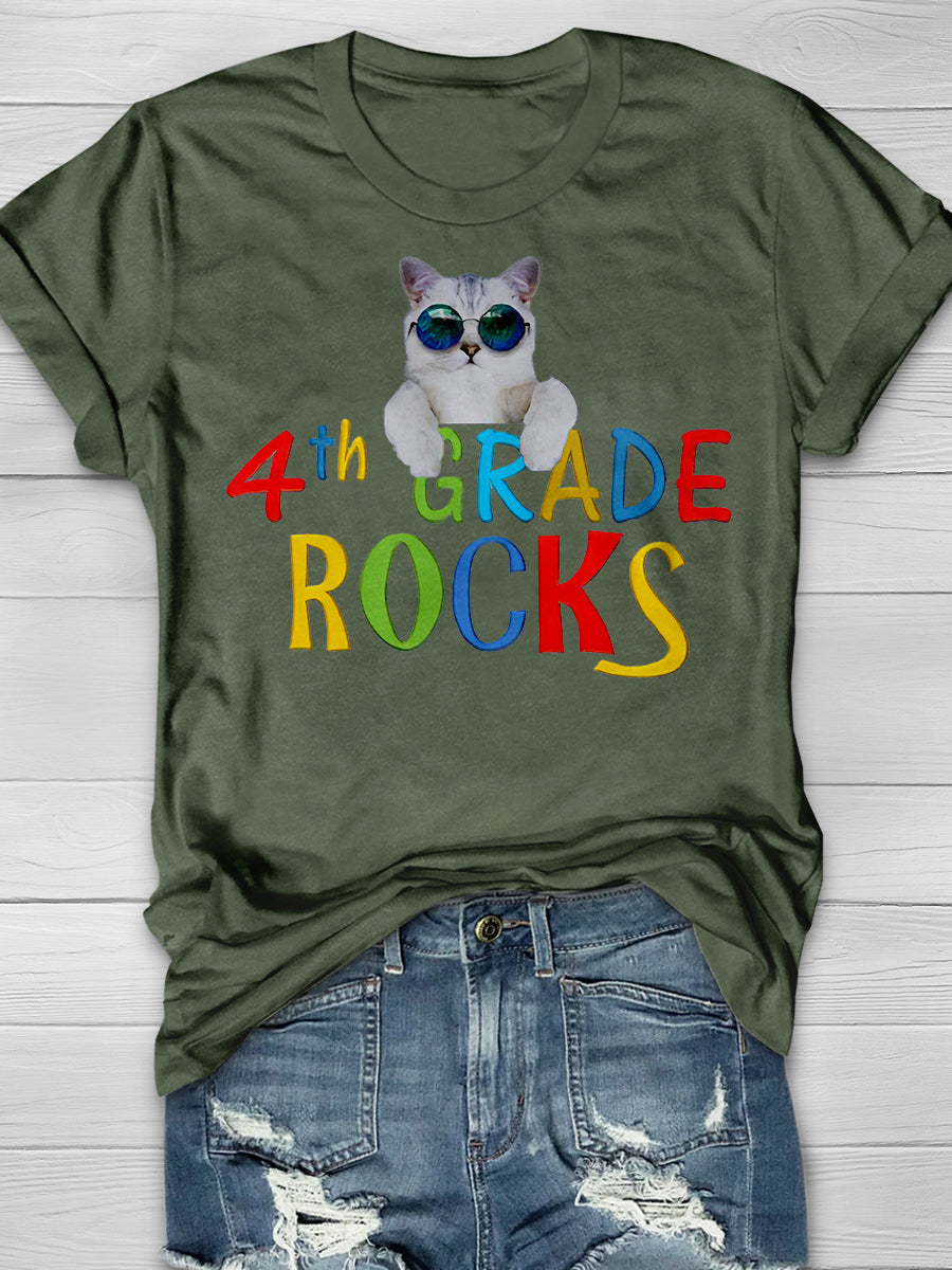 4th Grade Rocks Cool Cat Print Graphic T-shirts