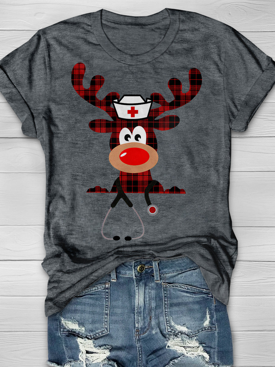 Christmas Deer Nurse Print Short Sleeve T-shirt