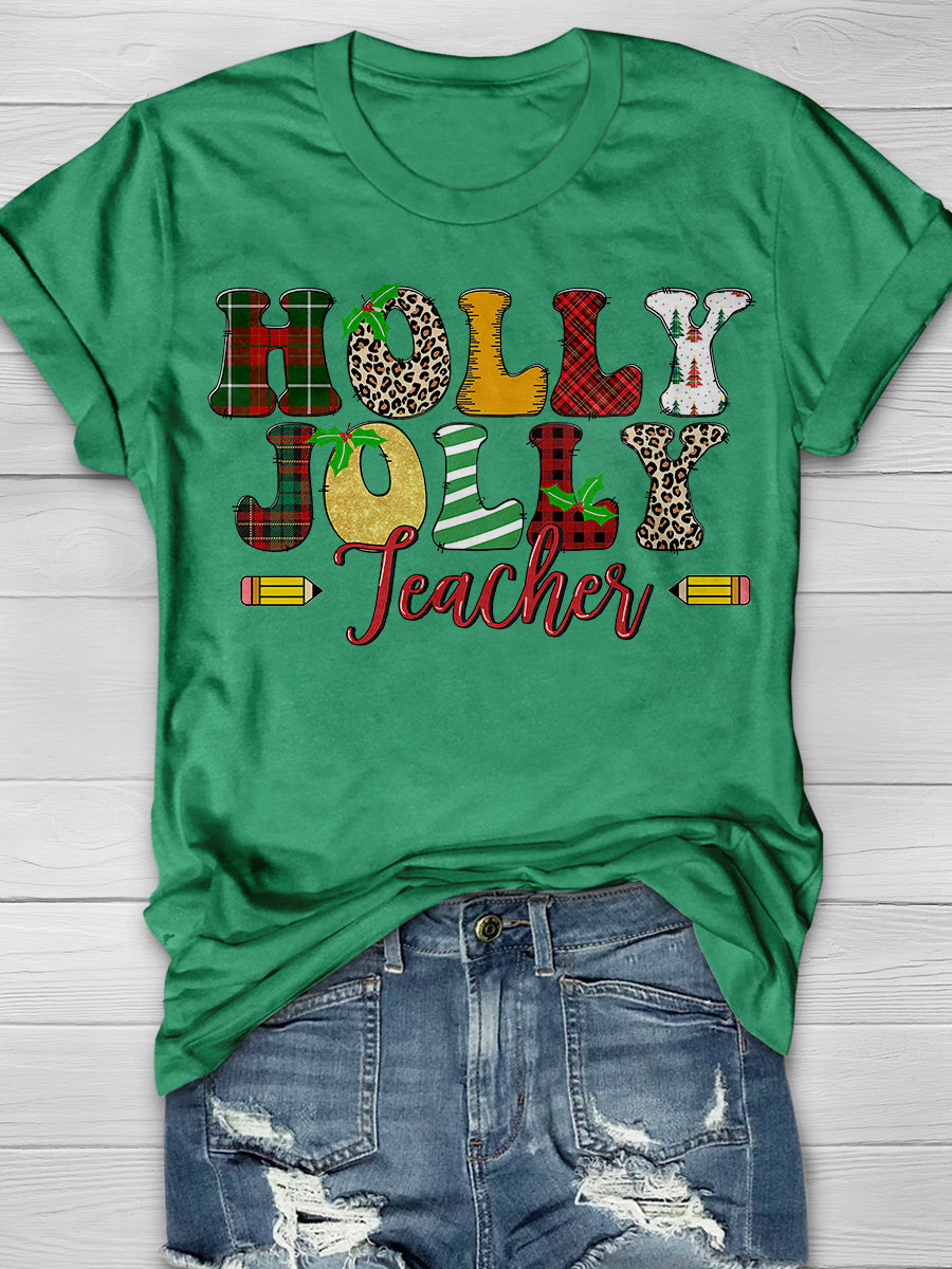 Holly Jolly Teacher Christmas Print Graphic T-shirts