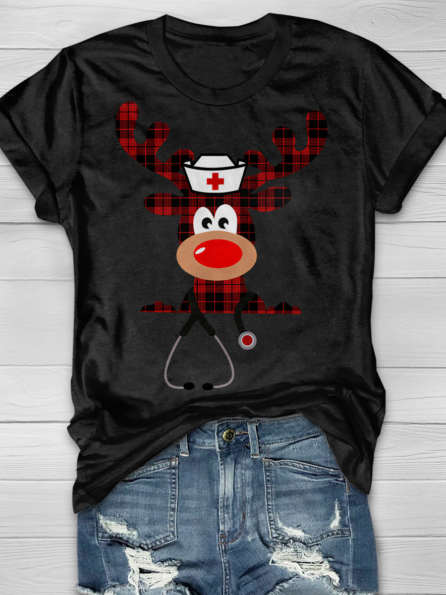 Christmas Deer Nurse Print Short Sleeve T-shirt