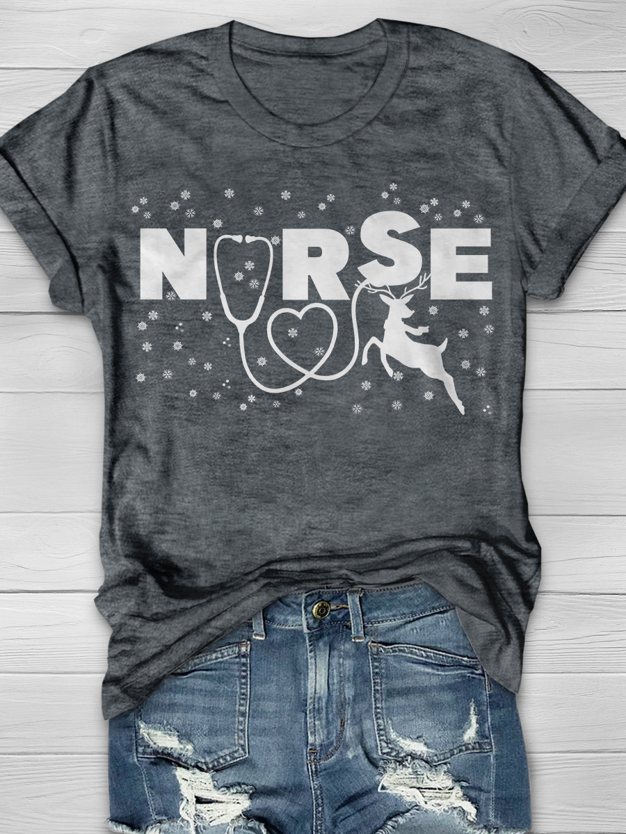 Christmas Reindeer Nurse Print Short Sleeve T-shirt