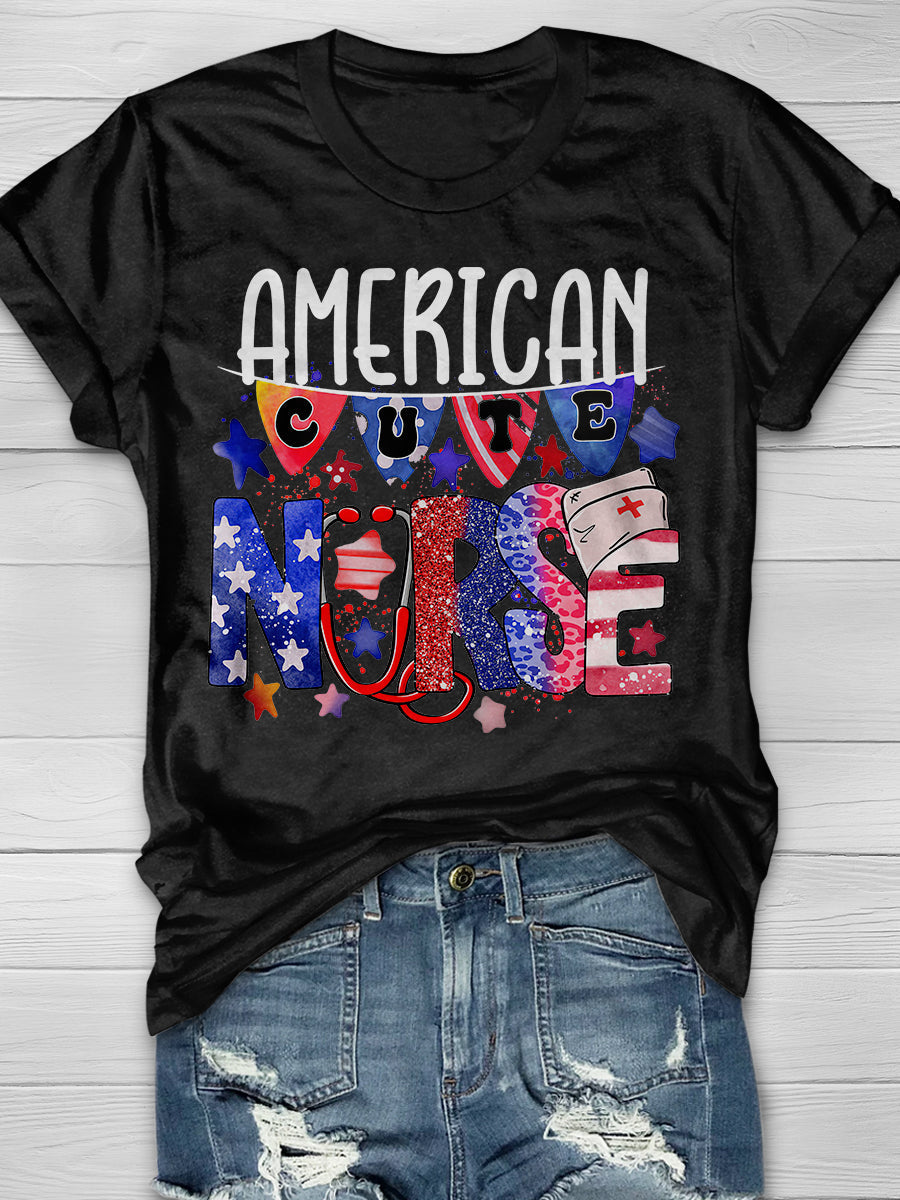 American Cute Nurse Print Short Sleeve T-shirt