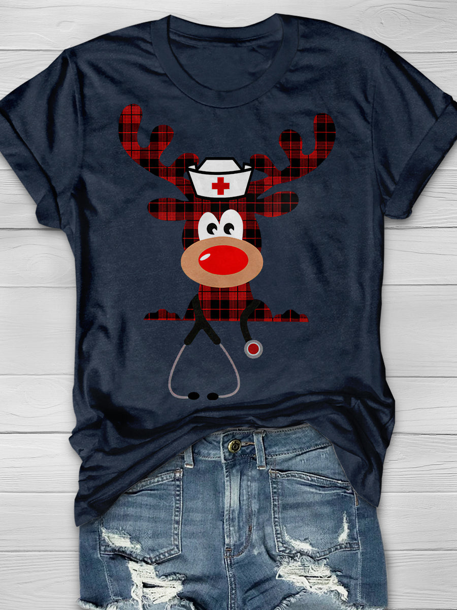 Christmas Deer Nurse Print Short Sleeve T-shirt
