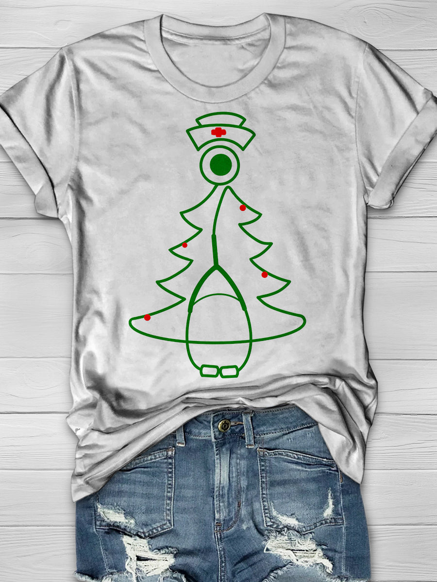 Christmas Stethoscope Tree Print Short Sleeve T-shirt