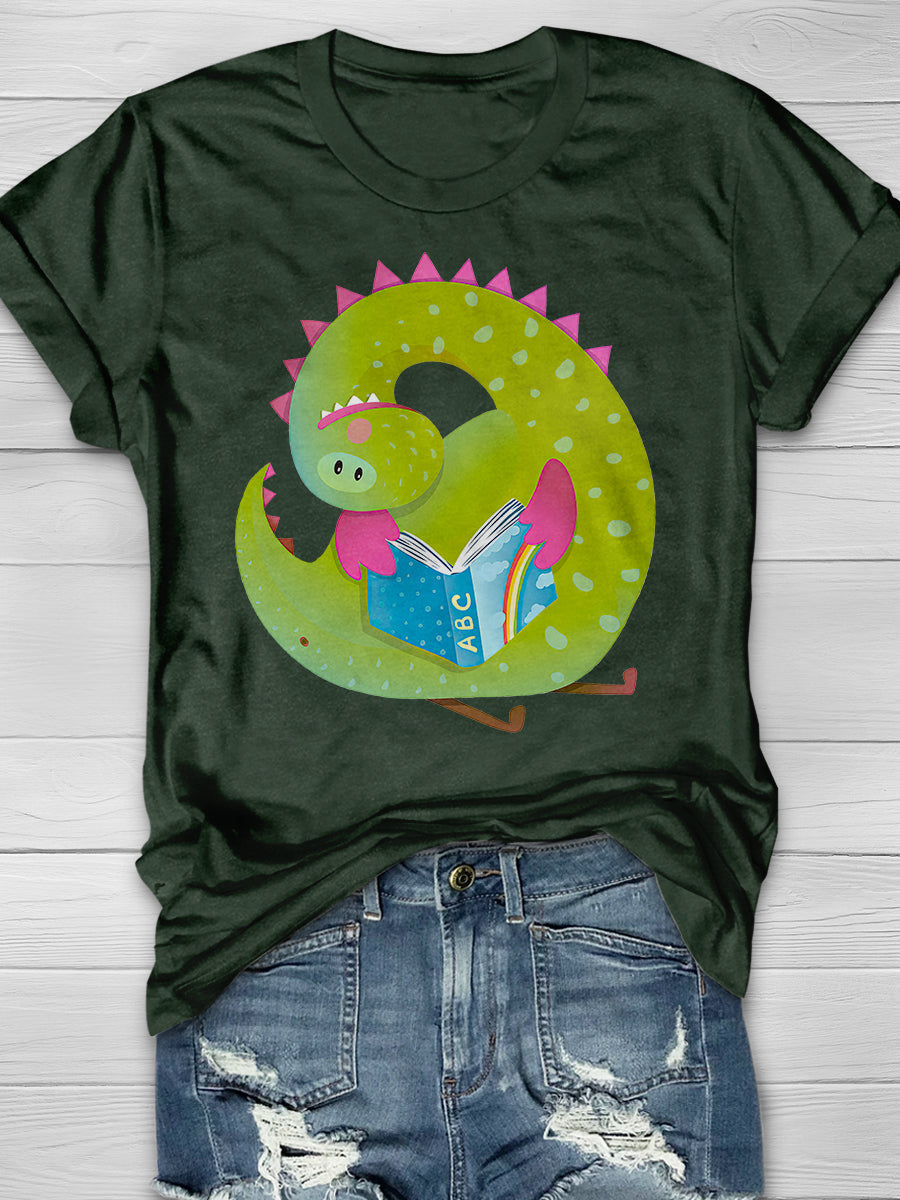 Baby Dragon Reading Book Print Graphic T-shirts