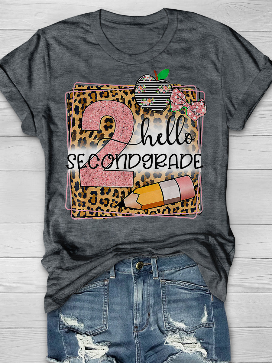 Hello Second Grade Leopard Print Graphic T-shirts