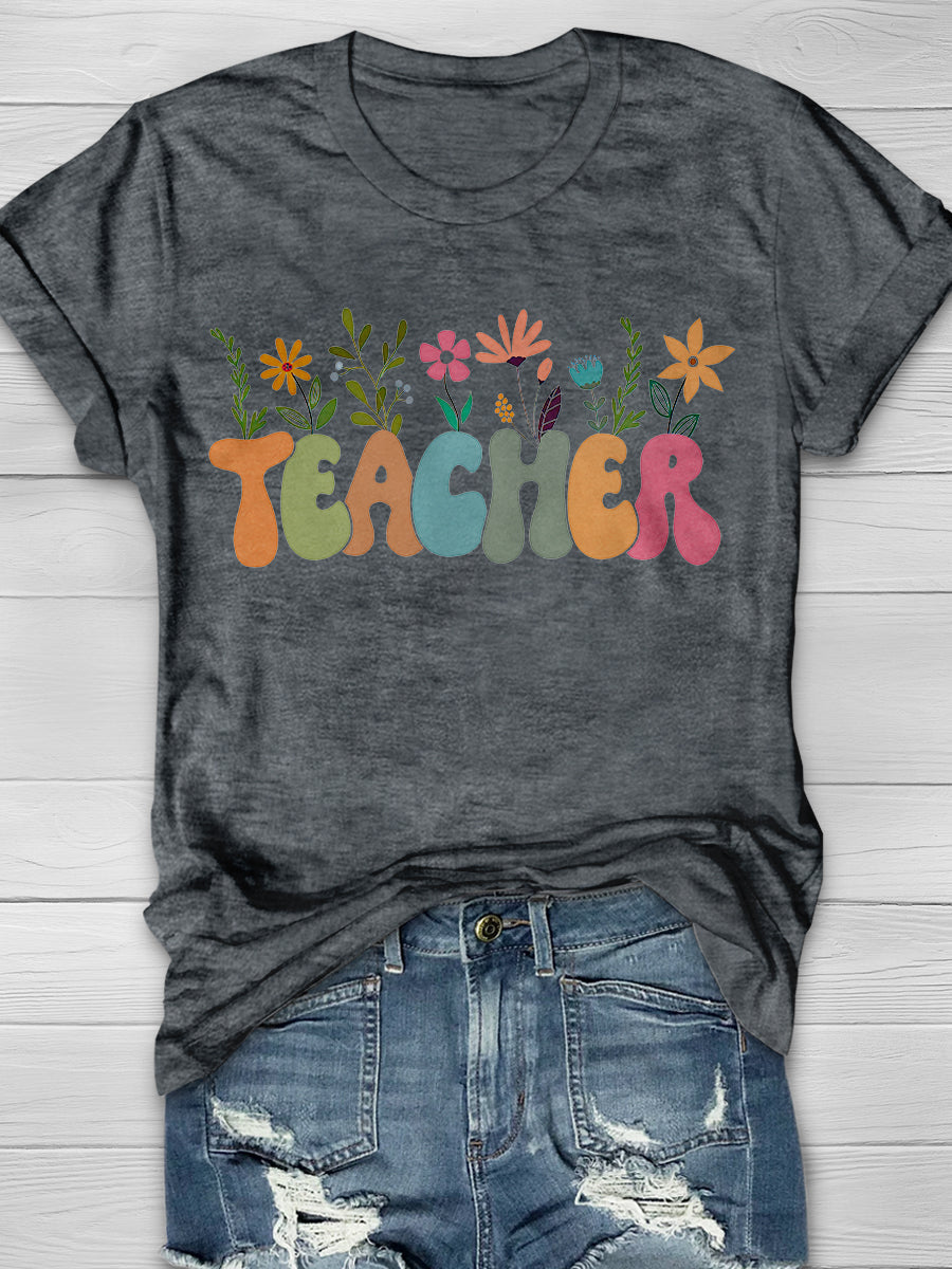 Flower Teacher Print Graphic T-shirts