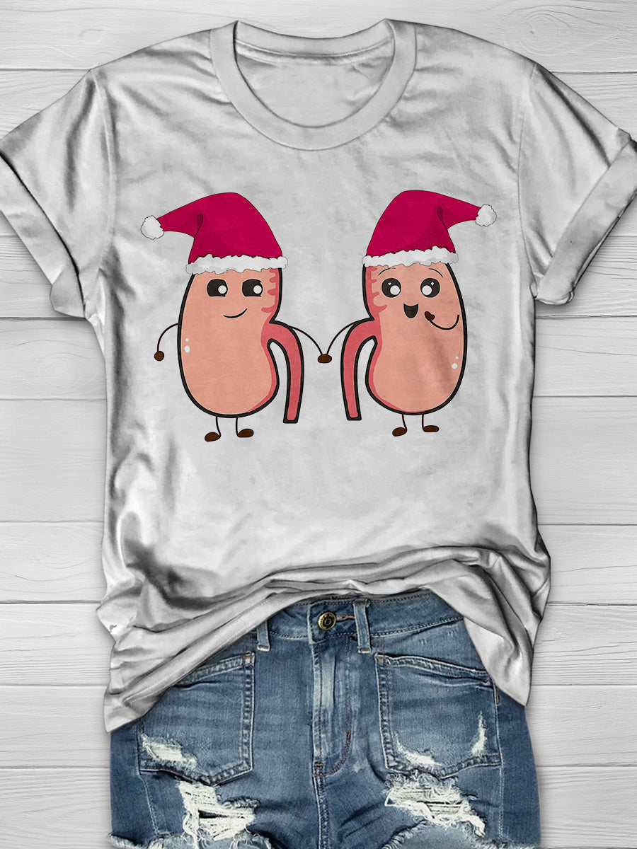 Christmas Kidneys in Red Hats Print Short Sleeve T-shirt