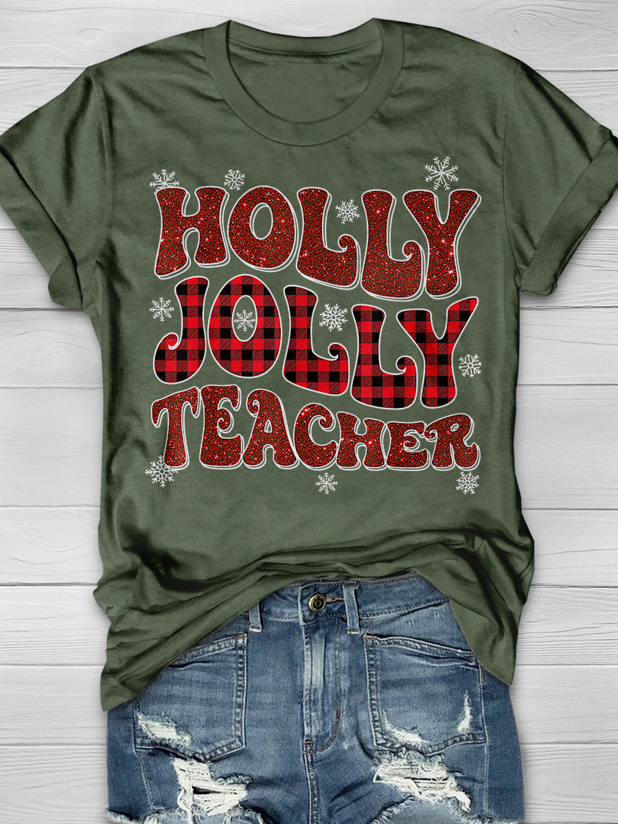 Holly Jolly Christmas Teacher Print Graphic T-shirts