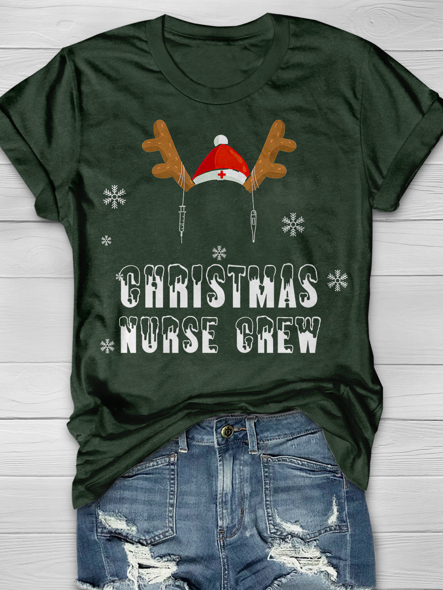 Christmas Nurse Crew Reindeer Print Short Sleeve T-shirt